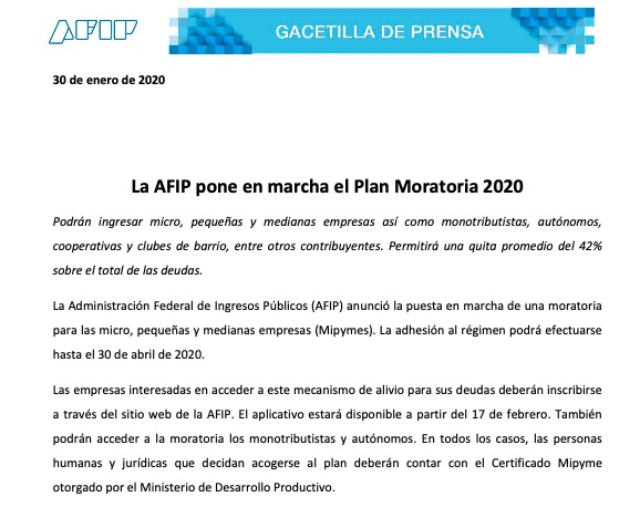 La AFIP pone en marcha el Plan Moratoria 2020